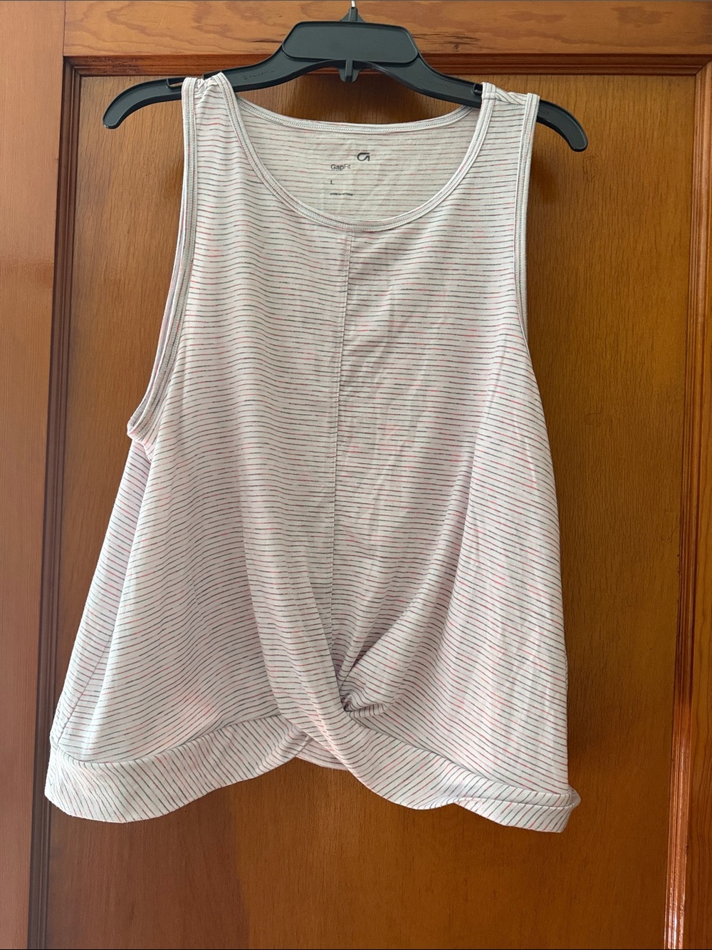 GAP White Tank with Pink Microstripes and Front Twist